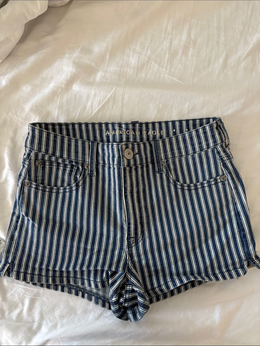 American Eagle Stretchy Blue and White Striped Denim Shorts